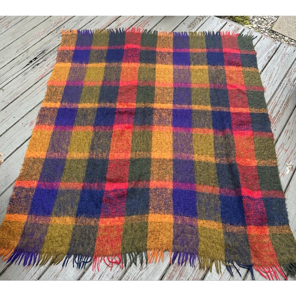Vintage Avoca Ireland Mohair Wool Throw purple & red orange plaid fringed 52”x64